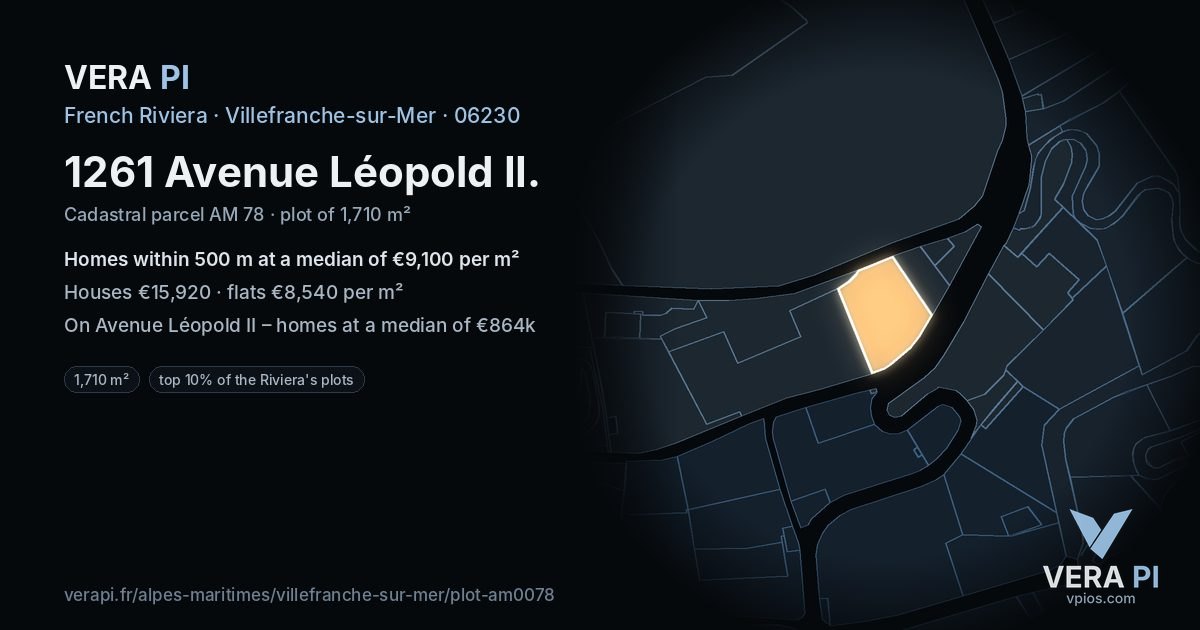 1261 Avenue Léopold II, Villefranche-sur-Mer at night – the plot lit, the parcels around coloured by the prices near them