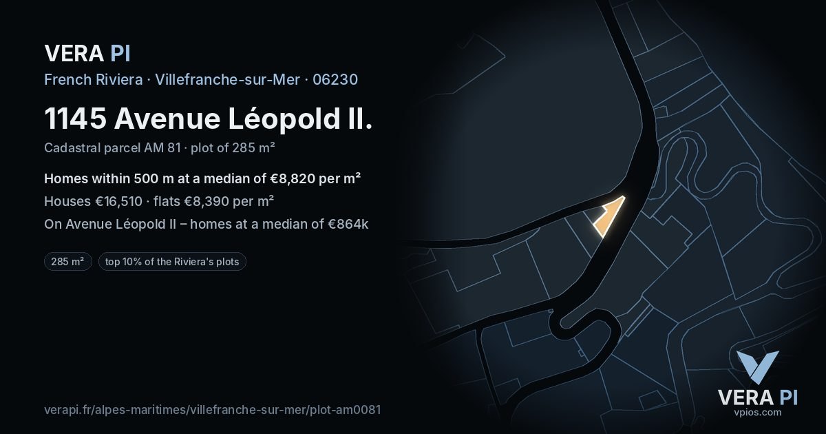 1145 Avenue Léopold II, Villefranche-sur-Mer at night – the plot lit, the parcels around coloured by the prices near them