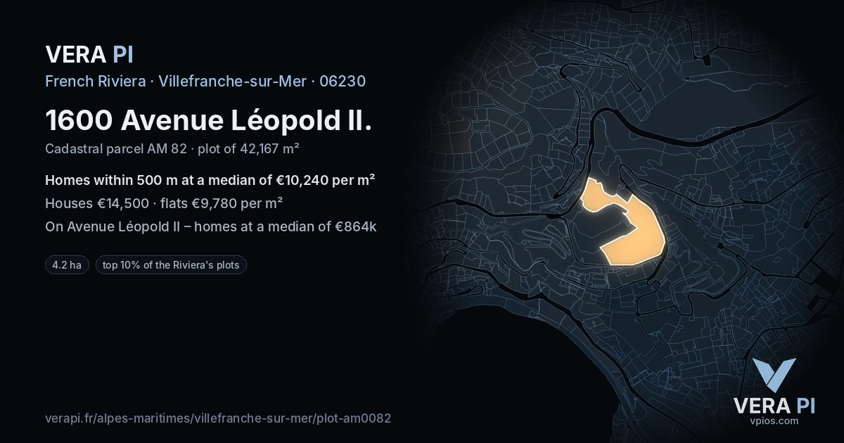 1600 Avenue Léopold II, Villefranche-sur-Mer at night – the plot lit, the parcels around coloured by the prices near them