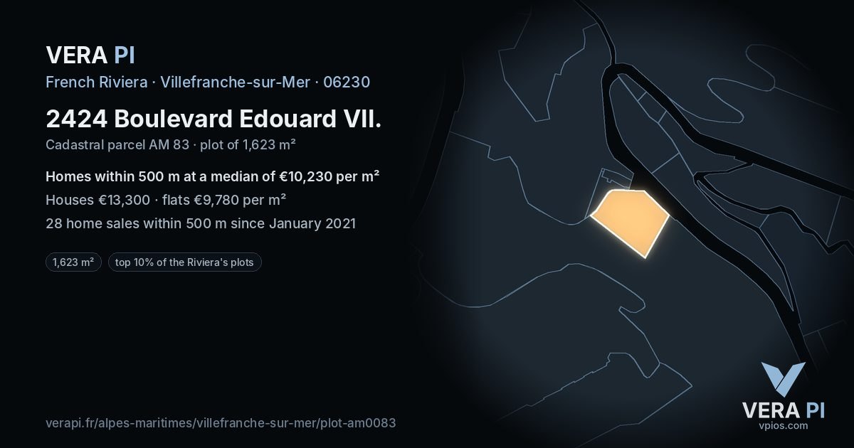 2424 Boulevard Edouard VII, Villefranche-sur-Mer at night – the plot lit, the parcels around coloured by the prices near them