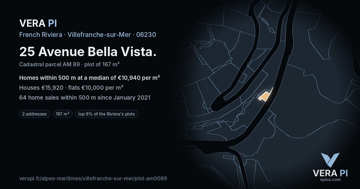 25 Avenue Bella Vista, Villefranche-sur-Mer at night – the plot lit, the parcels around coloured by the prices near them