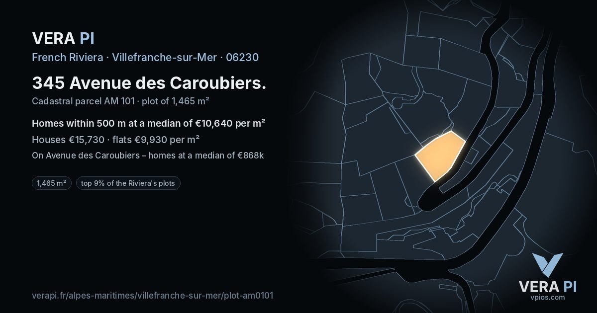 345 Avenue des Caroubiers, Villefranche-sur-Mer at night – the plot lit, the parcels around coloured by the prices near them