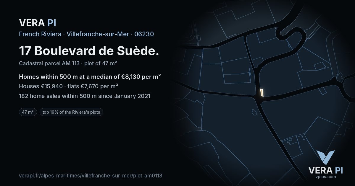 17 Boulevard de Suède, Villefranche-sur-Mer at night – the plot lit, the parcels around coloured by the prices near them
