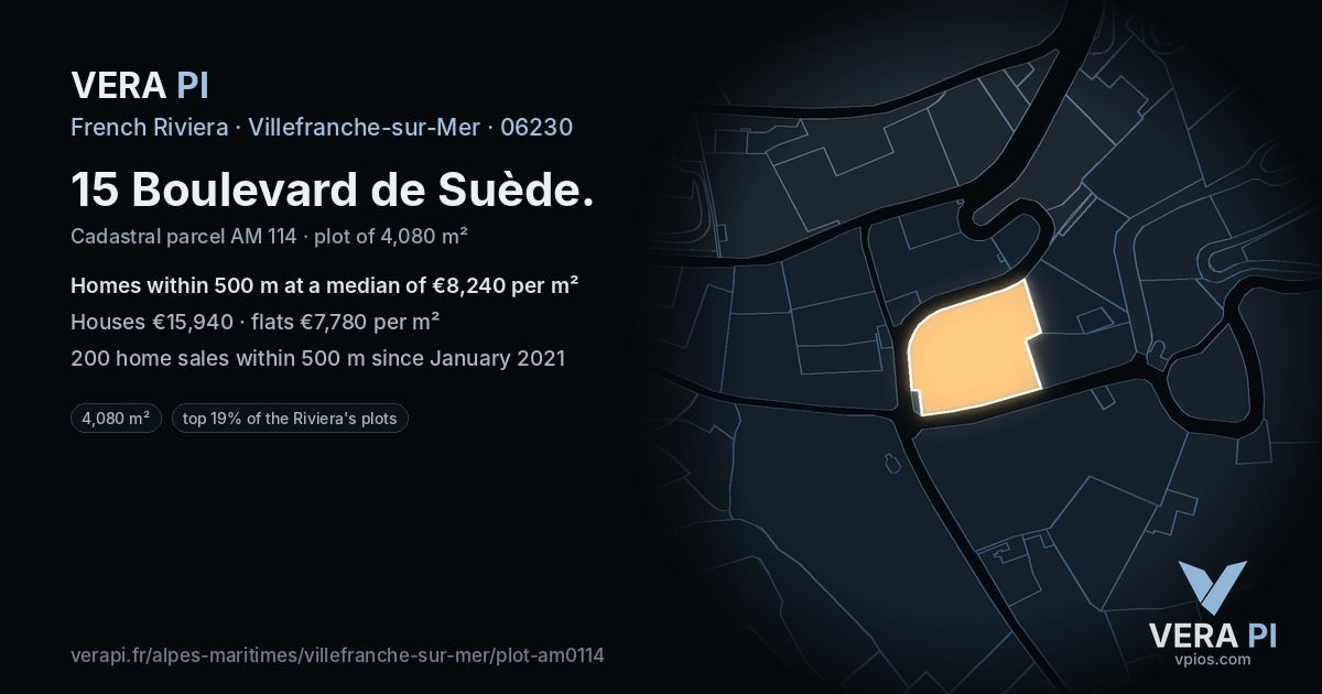 15 Boulevard de Suède, Villefranche-sur-Mer at night – the plot lit, the parcels around coloured by the prices near them