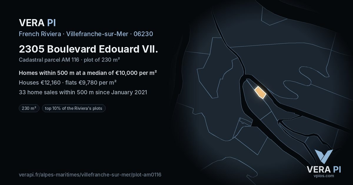 2305 Boulevard Edouard VII, Villefranche-sur-Mer at night – the plot lit, the parcels around coloured by the prices near them