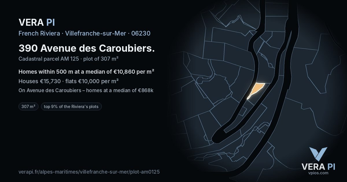 390 Avenue des Caroubiers, Villefranche-sur-Mer at night – the plot lit, the parcels around coloured by the prices near them