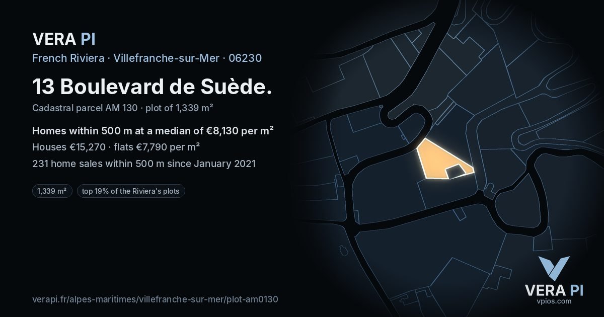 13 Boulevard de Suède, Villefranche-sur-Mer at night – the plot lit, the parcels around coloured by the prices near them