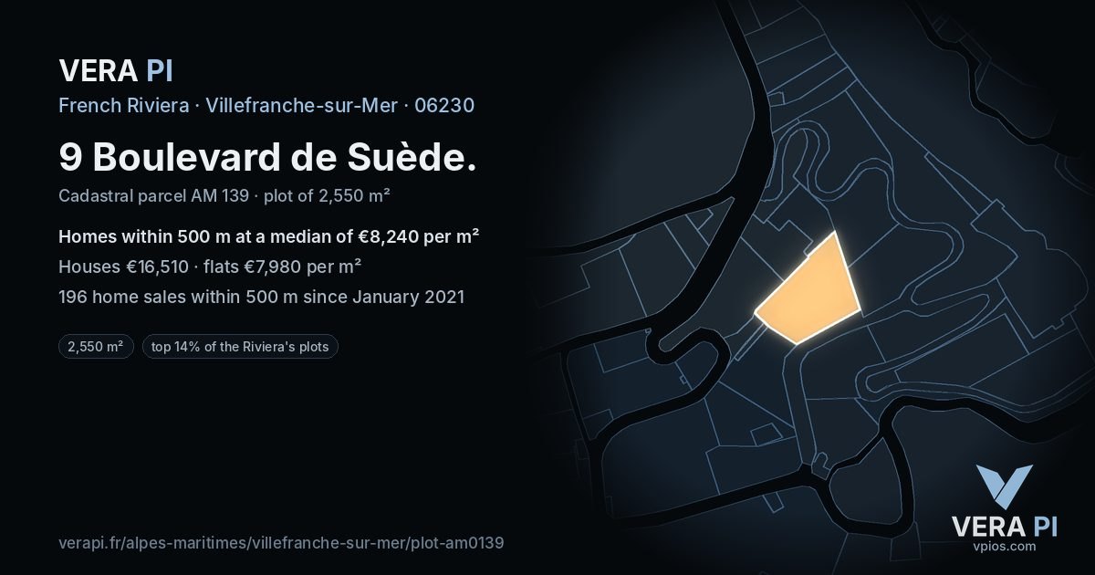 9 Boulevard de Suède, Villefranche-sur-Mer at night – the plot lit, the parcels around coloured by the prices near them