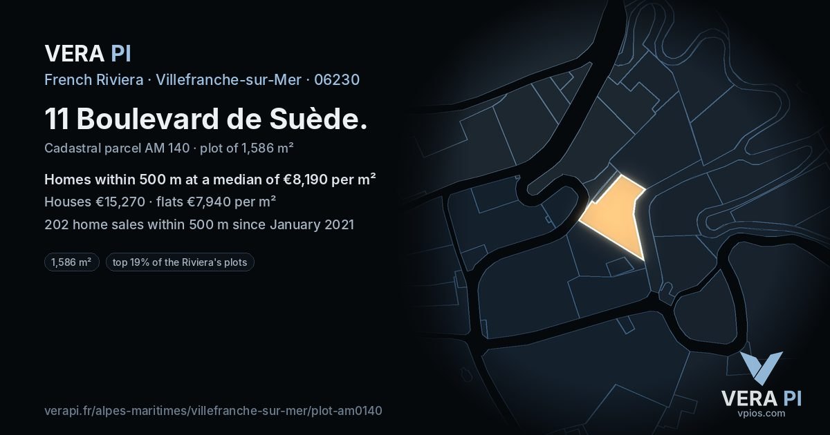 11 Boulevard de Suède, Villefranche-sur-Mer at night – the plot lit, the parcels around coloured by the prices near them