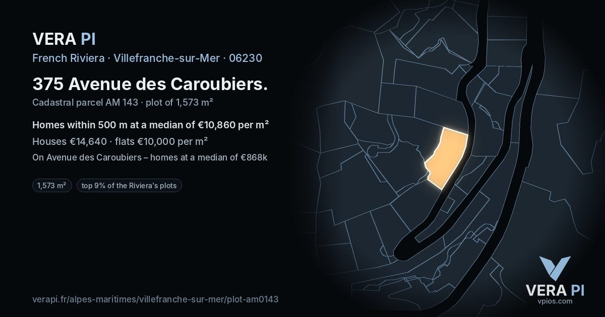 375 Avenue des Caroubiers, Villefranche-sur-Mer at night – the plot lit, the parcels around coloured by the prices near them