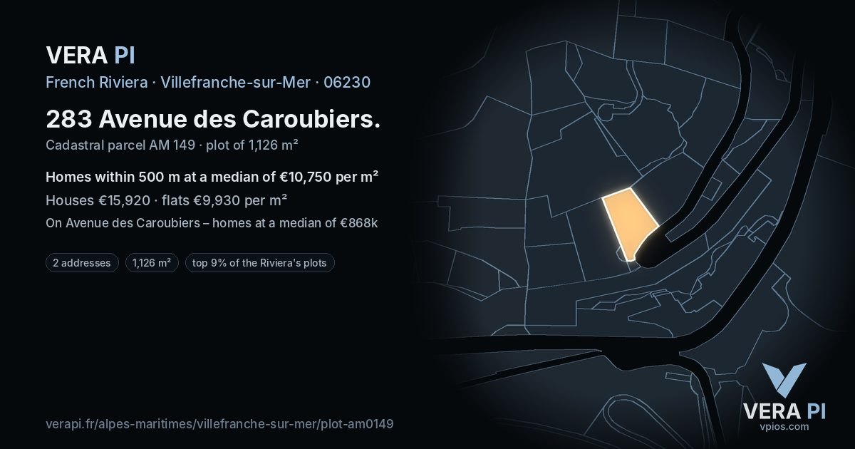 283 Avenue des Caroubiers, Villefranche-sur-Mer at night – the plot lit, the parcels around coloured by the prices near them
