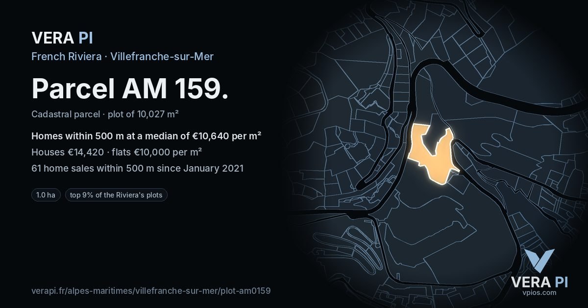Parcel AM 159, Villefranche-sur-Mer at night – the plot lit, the parcels around coloured by the prices near them