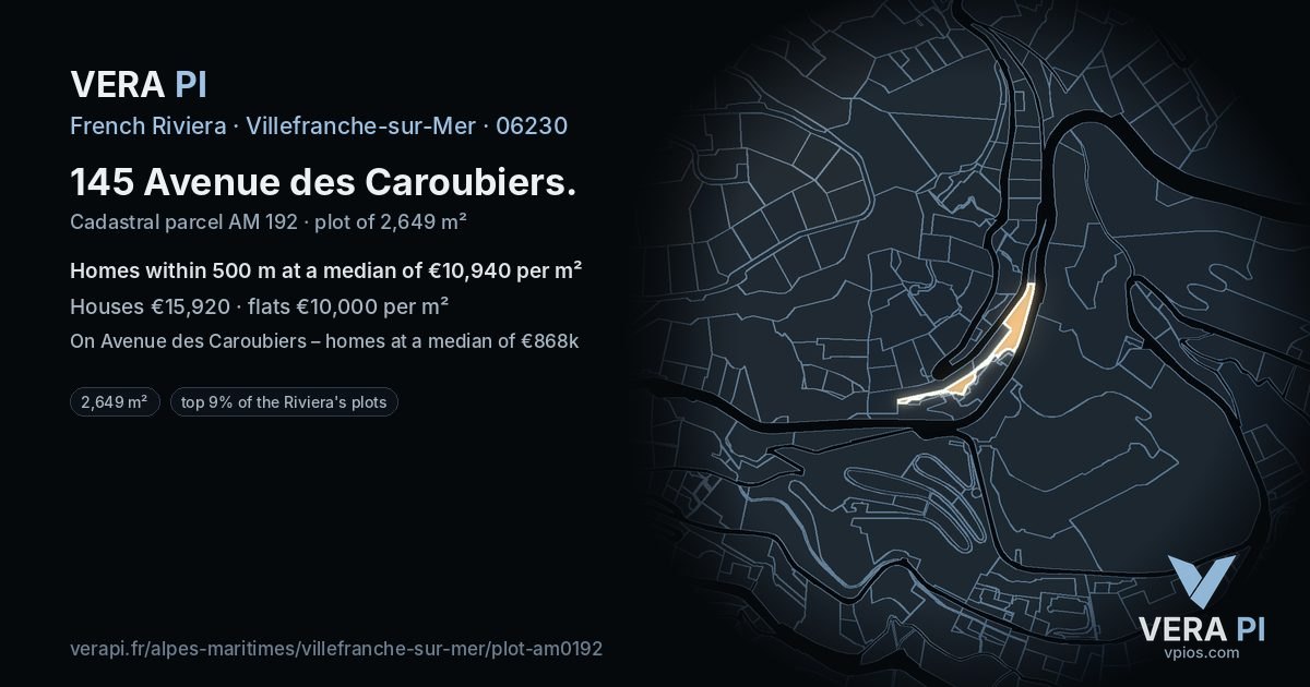 145 Avenue des Caroubiers, Villefranche-sur-Mer at night – the plot lit, the parcels around coloured by the prices near them
