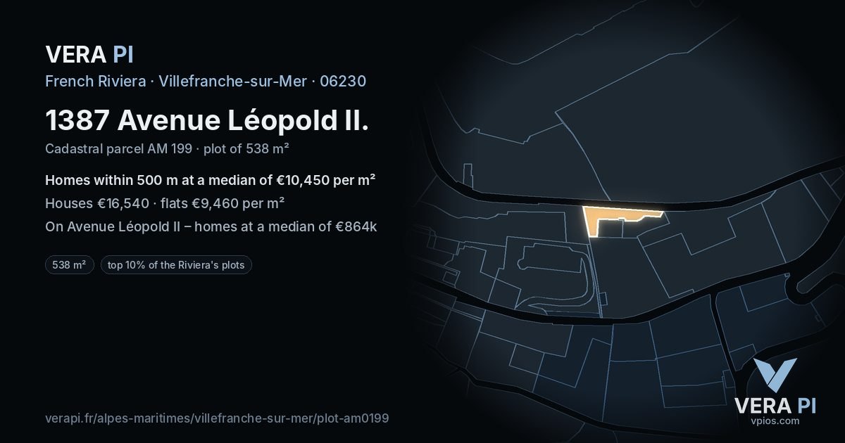 1387 Avenue Léopold II, Villefranche-sur-Mer at night – the plot lit, the parcels around coloured by the prices near them
