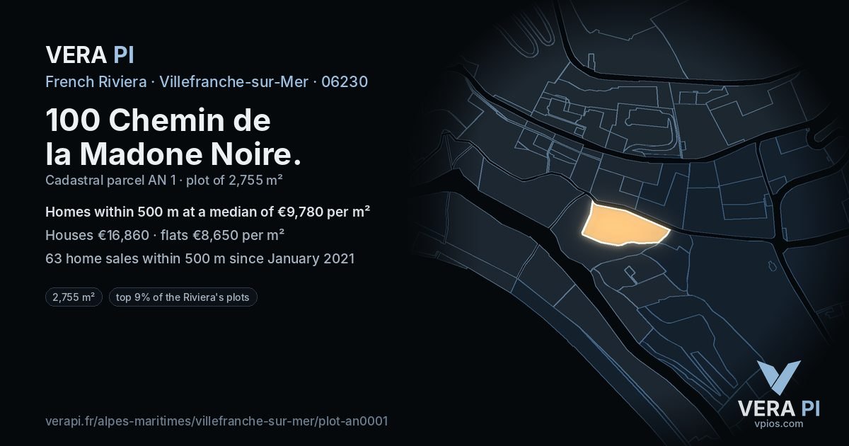 100 Chemin de la Madone Noire, Villefranche-sur-Mer at night – the plot lit, the parcels around coloured by the prices near them