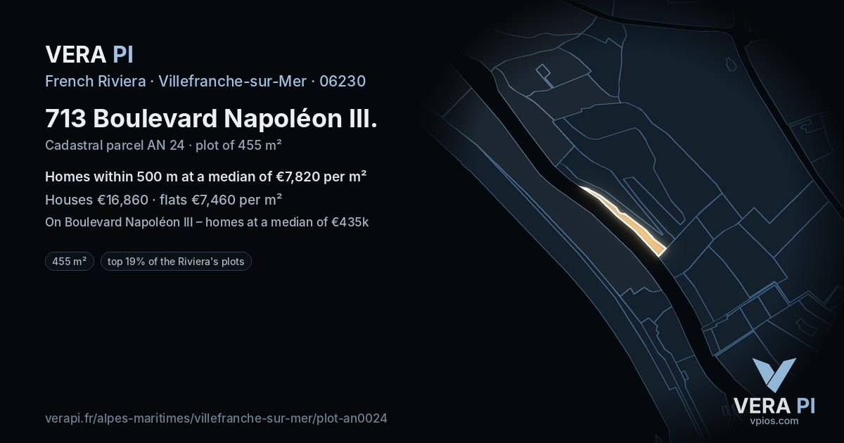 713 Boulevard Napoléon III, Villefranche-sur-Mer at night – the plot lit, the parcels around coloured by the prices near them