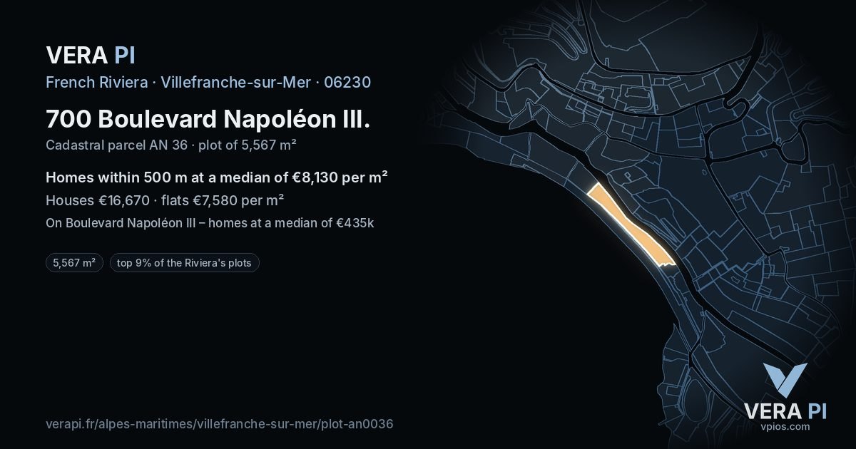 700 Boulevard Napoléon III, Villefranche-sur-Mer at night – the plot lit, the parcels around coloured by the prices near them
