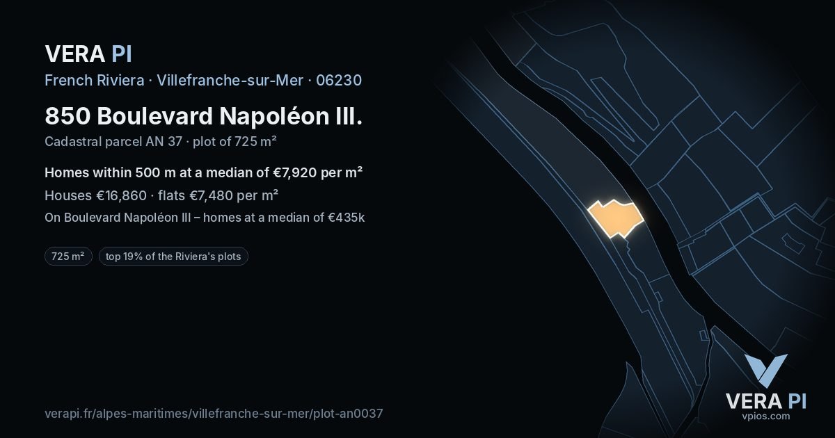 850 Boulevard Napoléon III, Villefranche-sur-Mer at night – the plot lit, the parcels around coloured by the prices near them