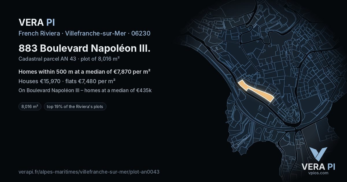 883 Boulevard Napoléon III, Villefranche-sur-Mer at night – the plot lit, the parcels around coloured by the prices near them