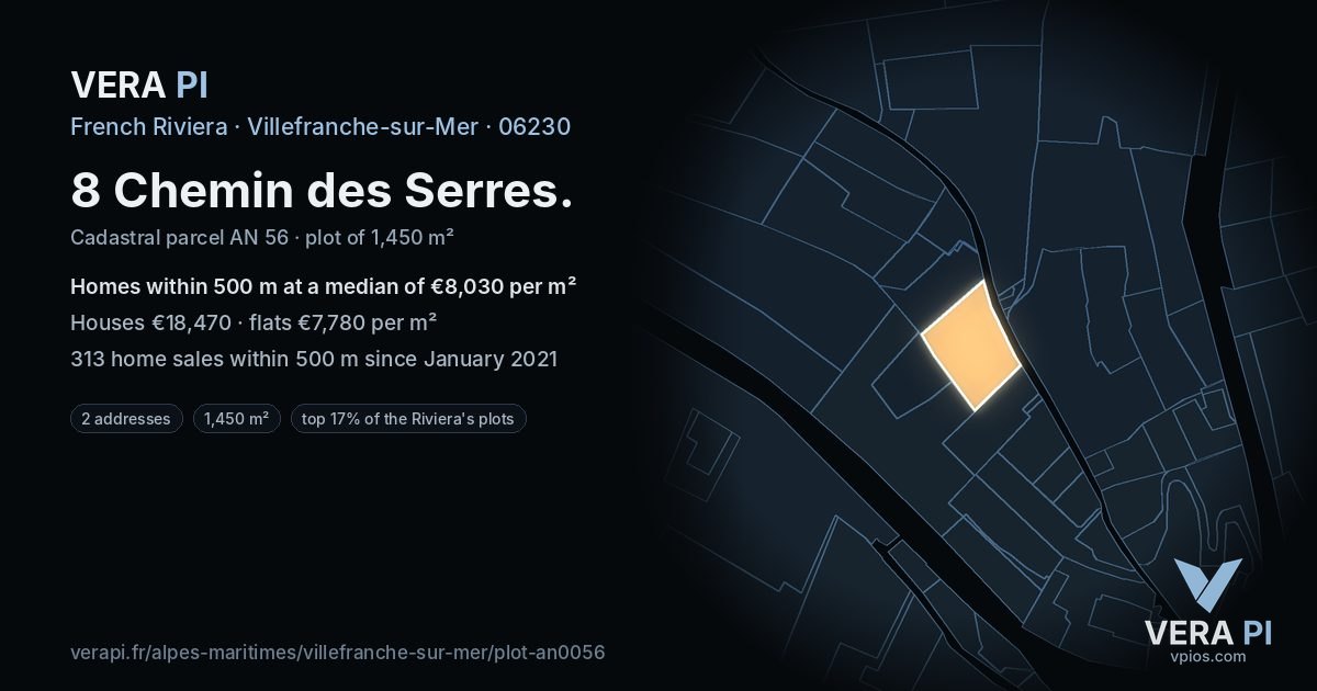 8 Chemin des Serres, Villefranche-sur-Mer at night – the plot lit, the parcels around coloured by the prices near them