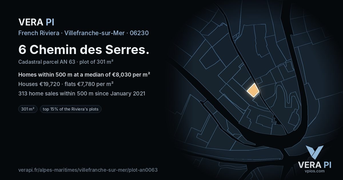 6 Chemin des Serres, Villefranche-sur-Mer at night – the plot lit, the parcels around coloured by the prices near them