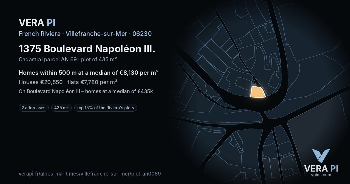 1375 Boulevard Napoléon III, Villefranche-sur-Mer at night – the plot lit, the parcels around coloured by the prices near them