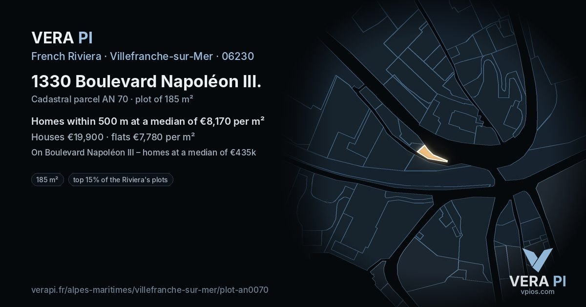 1330 Boulevard Napoléon III, Villefranche-sur-Mer at night – the plot lit, the parcels around coloured by the prices near them