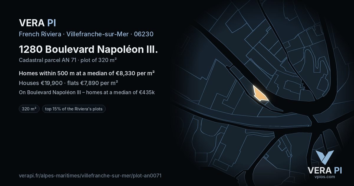 1280 Boulevard Napoléon III, Villefranche-sur-Mer at night – the plot lit, the parcels around coloured by the prices near them