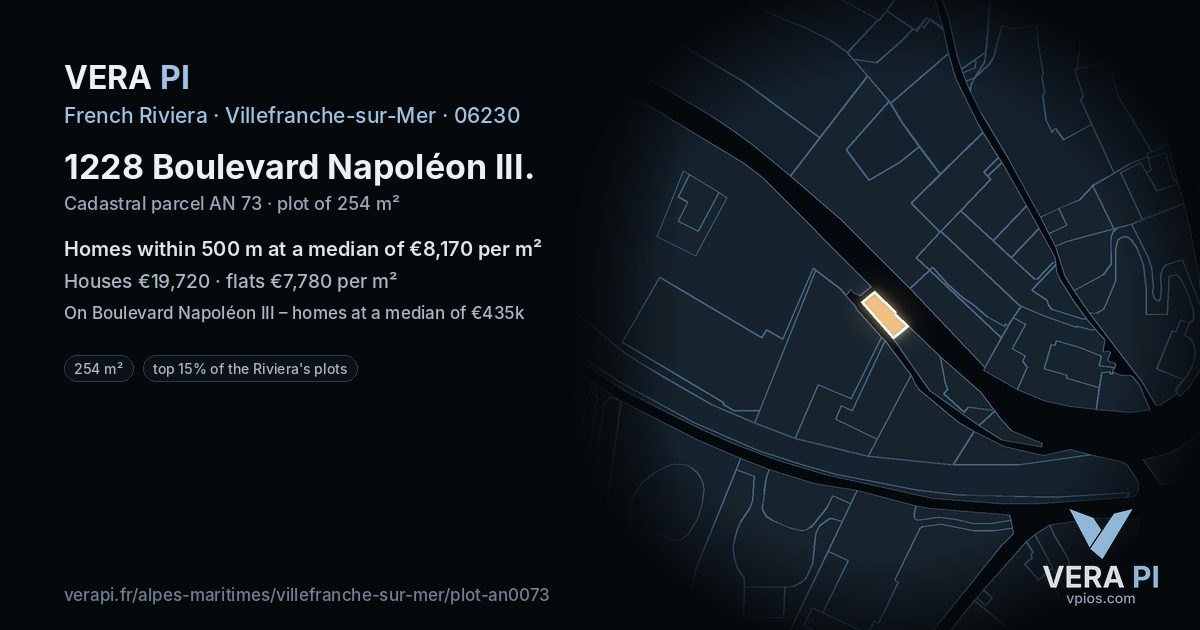 1228 Boulevard Napoléon III, Villefranche-sur-Mer at night – the plot lit, the parcels around coloured by the prices near them