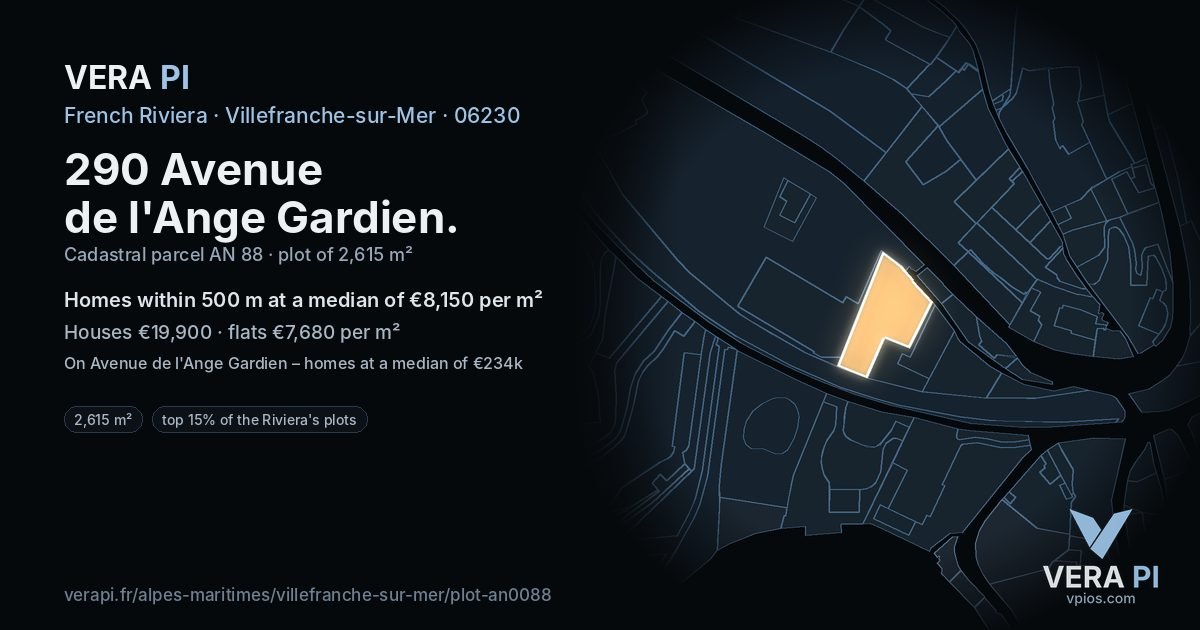 290 Avenue de l'Ange Gardien, Villefranche-sur-Mer at night – the plot lit, the parcels around coloured by the prices near them