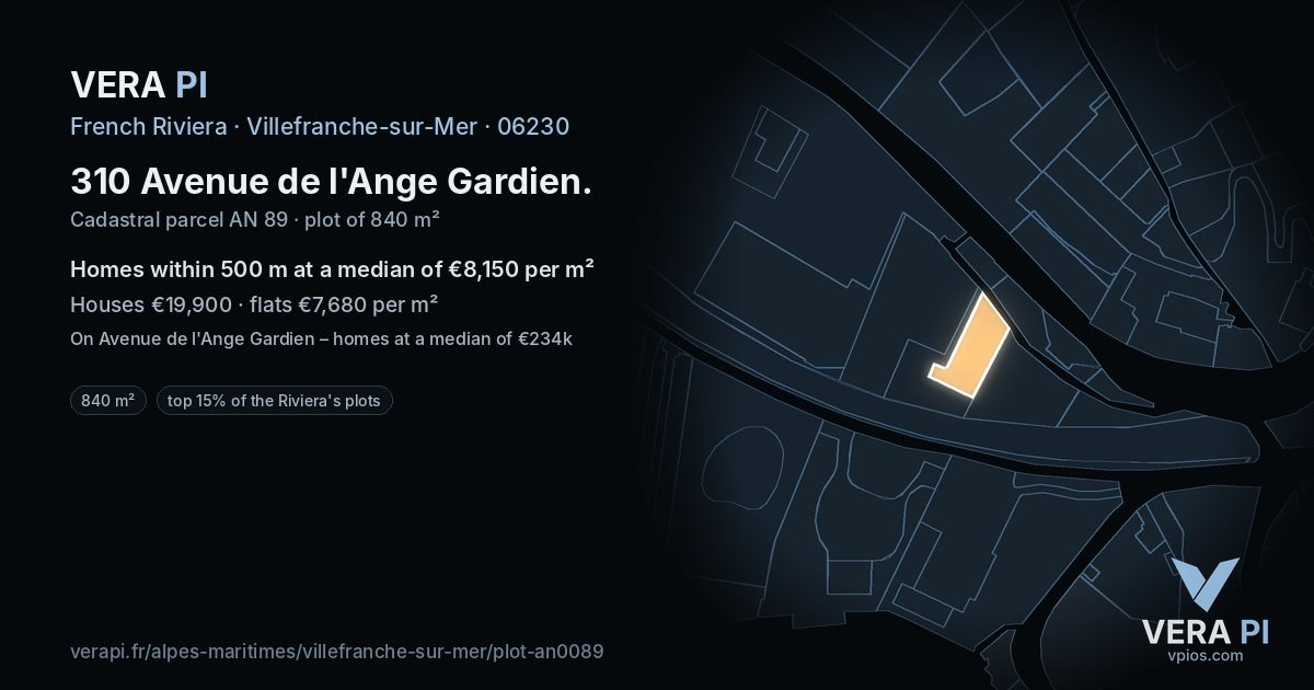 310 Avenue de l'Ange Gardien, Villefranche-sur-Mer at night – the plot lit, the parcels around coloured by the prices near them