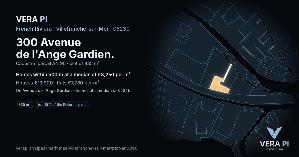 300 Avenue de l'Ange Gardien, Villefranche-sur-Mer at night – the plot lit, the parcels around coloured by the prices near them