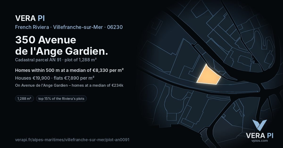 350 Avenue de l'Ange Gardien, Villefranche-sur-Mer at night – the plot lit, the parcels around coloured by the prices near them