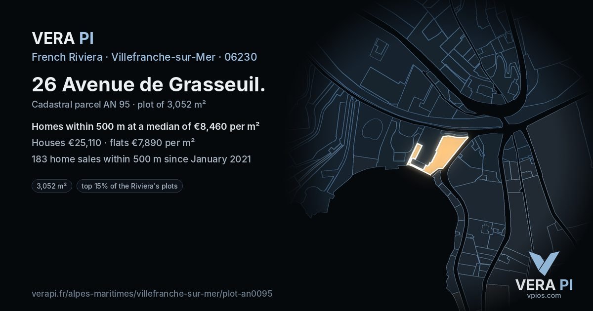 26 Avenue de Grasseuil, Villefranche-sur-Mer at night – the plot lit, the parcels around coloured by the prices near them