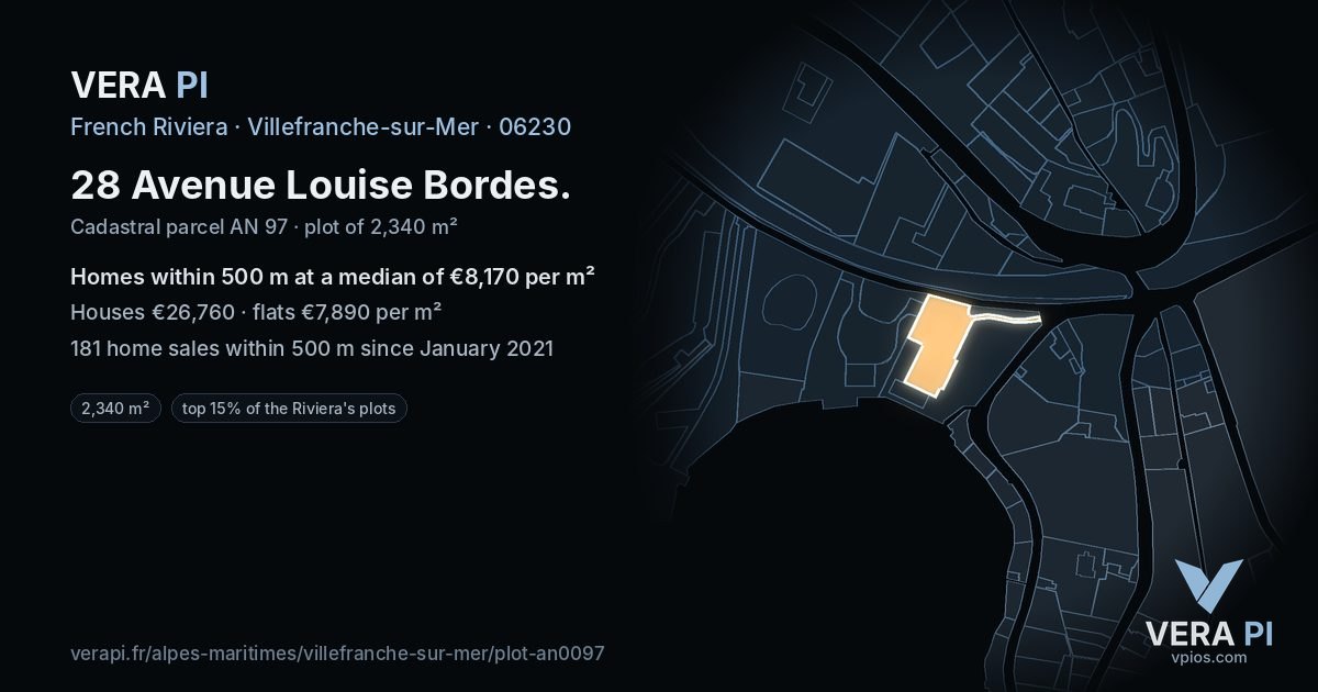 28 Avenue Louise Bordes, Villefranche-sur-Mer at night – the plot lit, the parcels around coloured by the prices near them