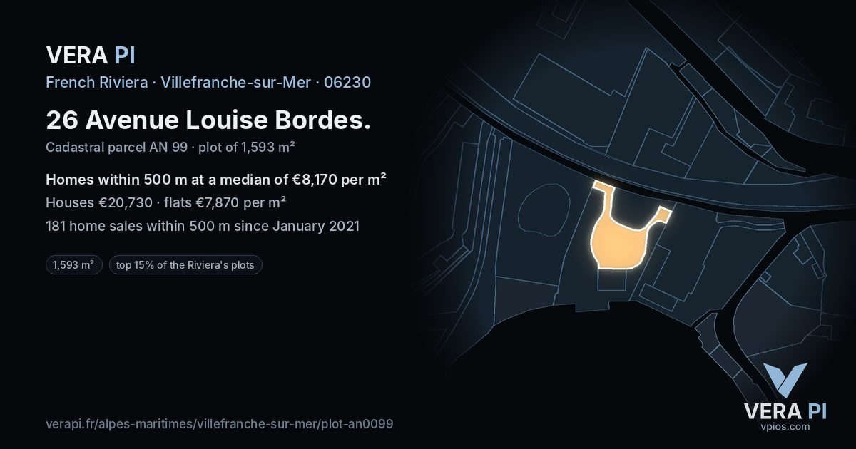 26 Avenue Louise Bordes, Villefranche-sur-Mer at night – the plot lit, the parcels around coloured by the prices near them