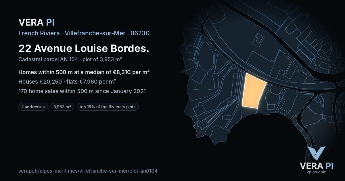 22 Avenue Louise Bordes, Villefranche-sur-Mer at night – the plot lit, the parcels around coloured by the prices near them