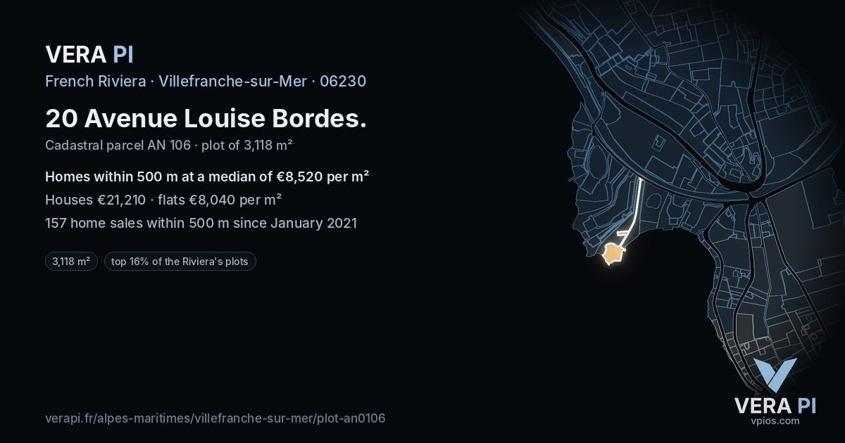 20 Avenue Louise Bordes, Villefranche-sur-Mer at night – the plot lit, the parcels around coloured by the prices near them