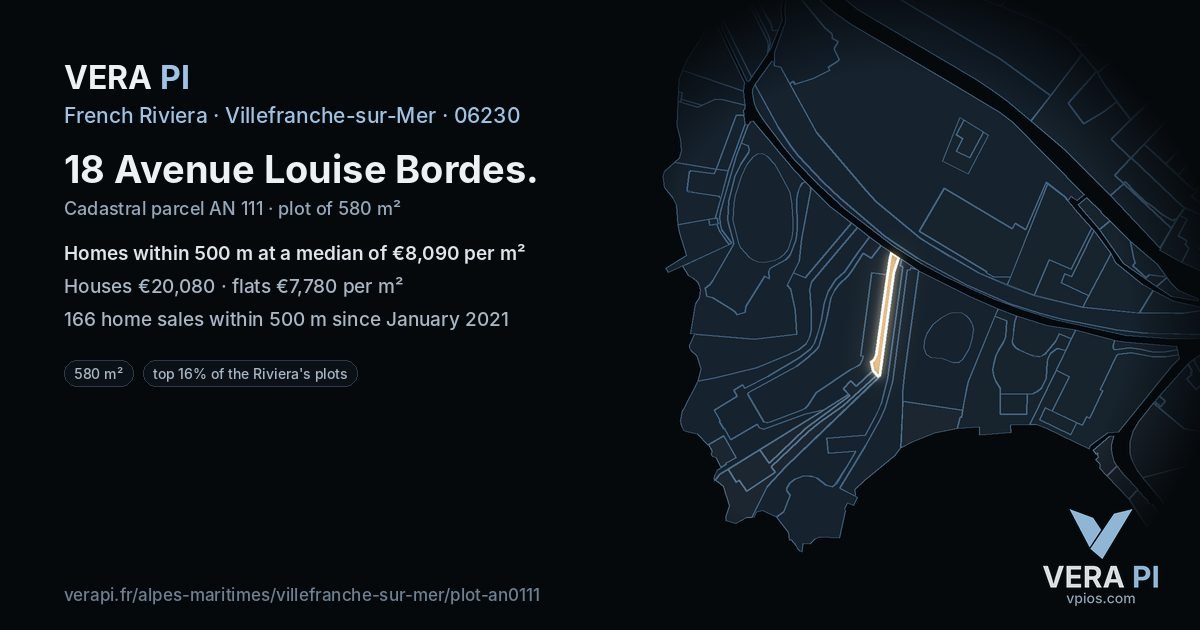 18 Avenue Louise Bordes, Villefranche-sur-Mer at night – the plot lit, the parcels around coloured by the prices near them
