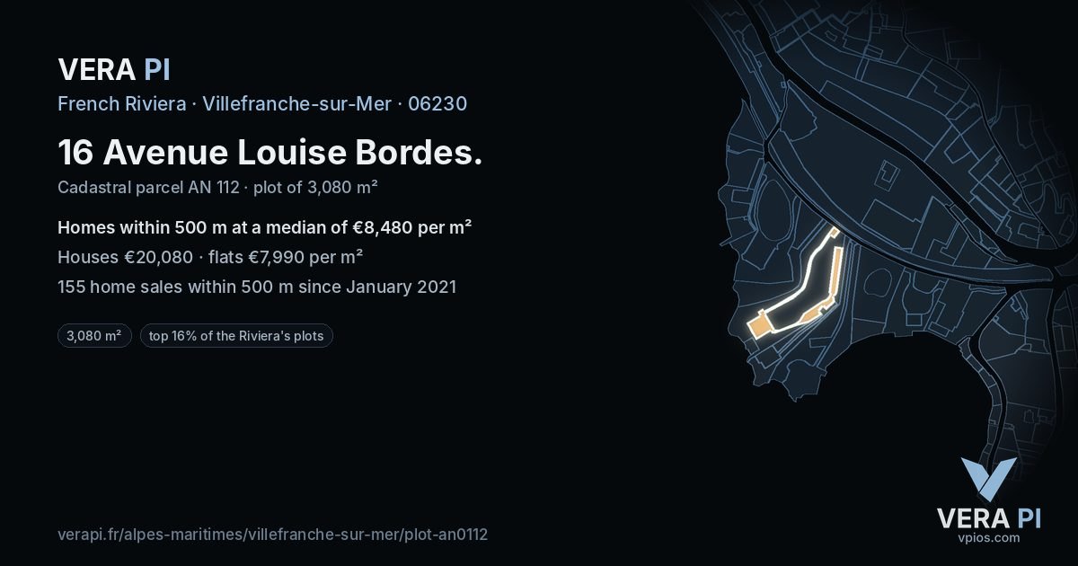 16 Avenue Louise Bordes, Villefranche-sur-Mer at night – the plot lit, the parcels around coloured by the prices near them
