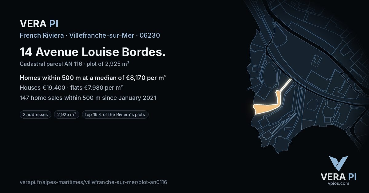 14 Avenue Louise Bordes, Villefranche-sur-Mer at night – the plot lit, the parcels around coloured by the prices near them