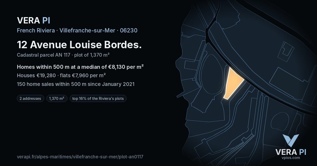 12 Avenue Louise Bordes, Villefranche-sur-Mer at night – the plot lit, the parcels around coloured by the prices near them