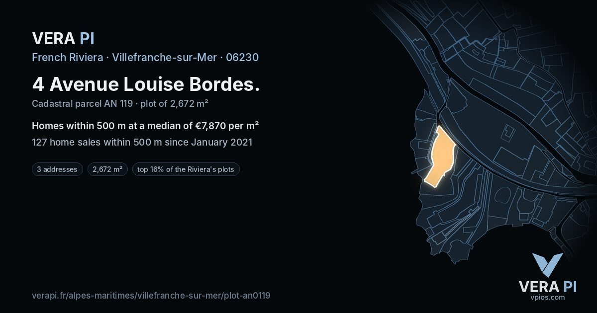 4 Avenue Louise Bordes, Villefranche-sur-Mer at night – the plot lit, the parcels around coloured by the prices near them