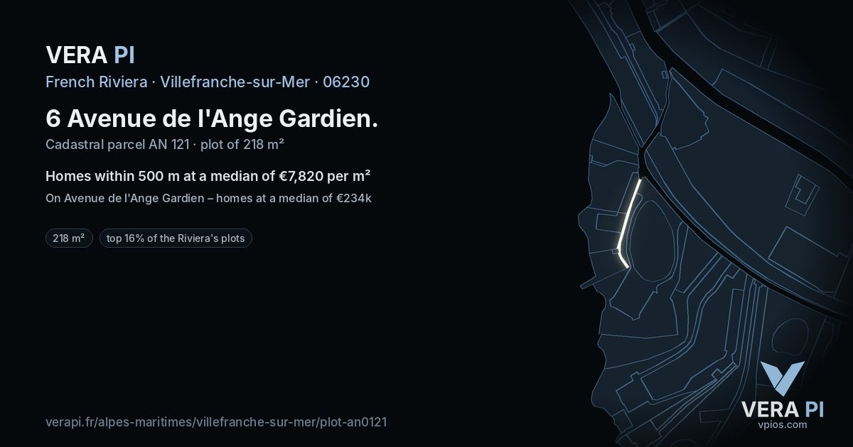 6 Avenue de l'Ange Gardien, Villefranche-sur-Mer at night – the plot lit, the parcels around coloured by the prices near them