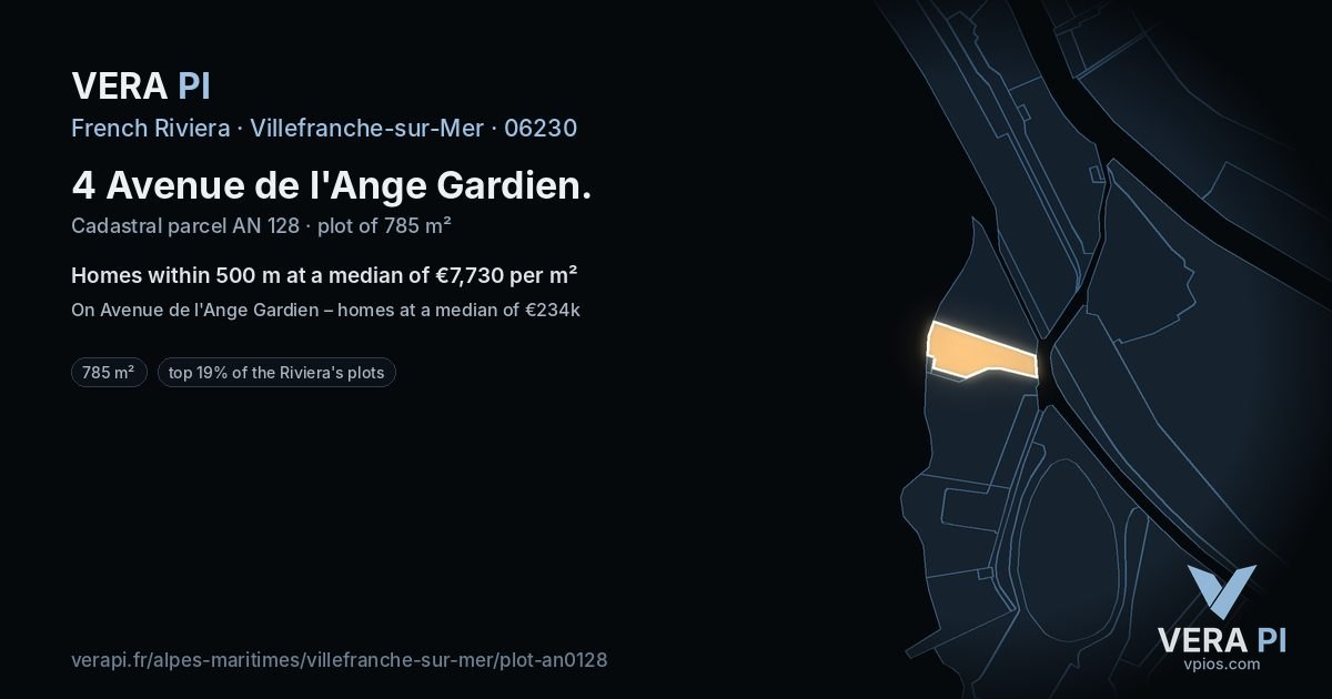 4 Avenue de l'Ange Gardien, Villefranche-sur-Mer at night – the plot lit, the parcels around coloured by the prices near them