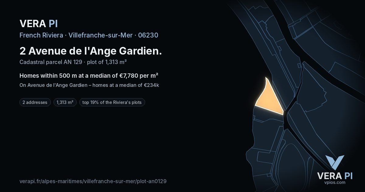 2 Avenue de l'Ange Gardien, Villefranche-sur-Mer at night – the plot lit, the parcels around coloured by the prices near them