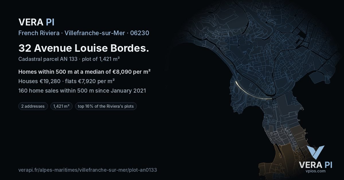 32 Avenue Louise Bordes, Villefranche-sur-Mer at night – the plot lit, the parcels around coloured by the prices near them