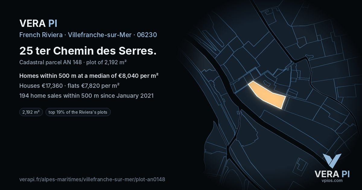 25 ter Chemin des Serres, Villefranche-sur-Mer at night – the plot lit, the parcels around coloured by the prices near them