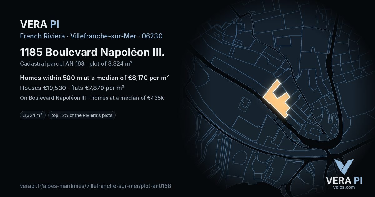 1185 Boulevard Napoléon III, Villefranche-sur-Mer at night – the plot lit, the parcels around coloured by the prices near them
