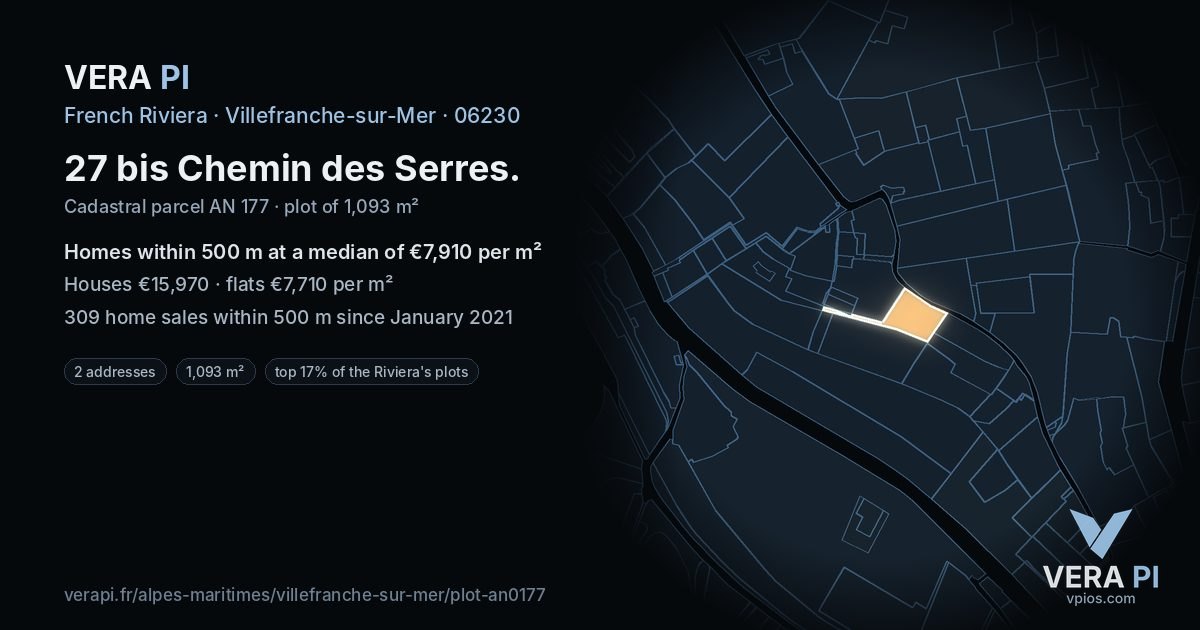 27 bis Chemin des Serres, Villefranche-sur-Mer at night – the plot lit, the parcels around coloured by the prices near them